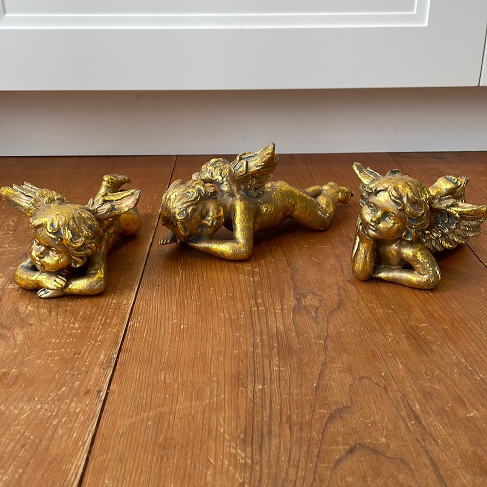Set of three angels, Gold antique finish, cherubs, Christmas, Victorian decor